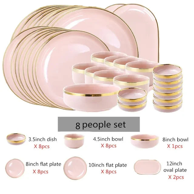 Bright White And Pink With Gold Porcelain Plates Kitchen Dinner Plate Set Ceramics Food Dishes Salad Noodles Bowl